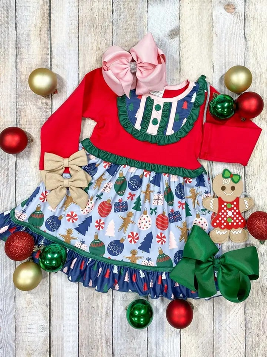 Deadline September  14  custom no moq eta 6-8weeks  Green Pleated Belt-Round Neck Red Christmas Dress