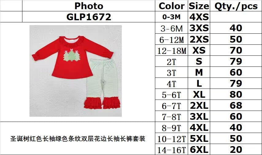 RTS NO MOQ ETA 5/7days GLP1672 Christmas tree red long-sleeved green striped double-layer lace long-sleeved pants suit