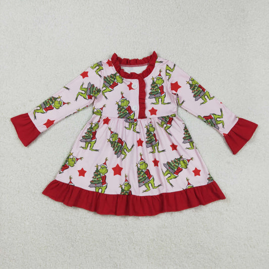 RTS NO MOQ（In Stock) GLD1236 Cartoon Christmas Tree Star Red Lace Button Pink Long-Sleeved Dress