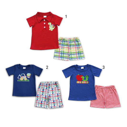 RTS NO MOQ baby girl clothes embroidery back to school short-sleeved shorts suit & short-sleeved sets