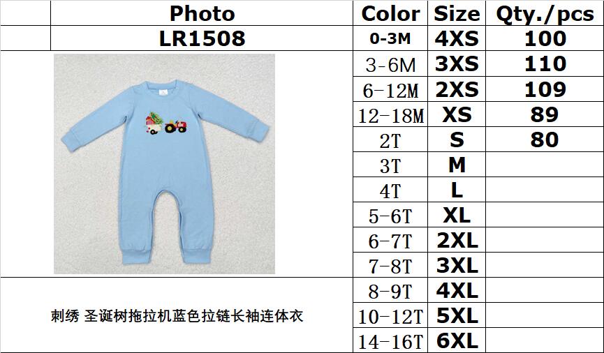 RTS NO MOQ ETA 5/7days arrived LR1508 Embroidered Christmas tree tractor blue zipper long-sleeved jumpsuit