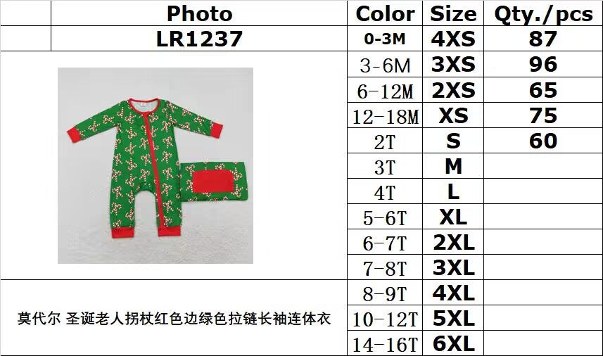 bamboo rts no moq LR1237 Modal Santa Claus Cane Red Edge Green Zipper Long Sleeve Bodysuit