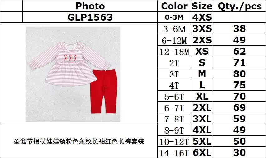 RTS NO MOQ ETA 5/7days GLP1563 Christmas cane doll collar pink striped long-sleeved red trousers suit