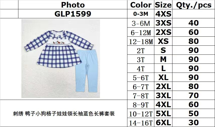 rts no moq GLP1599 Embroidered Duck Puppy Plaid Doll Collar Long Sleeve Blue Pants Set