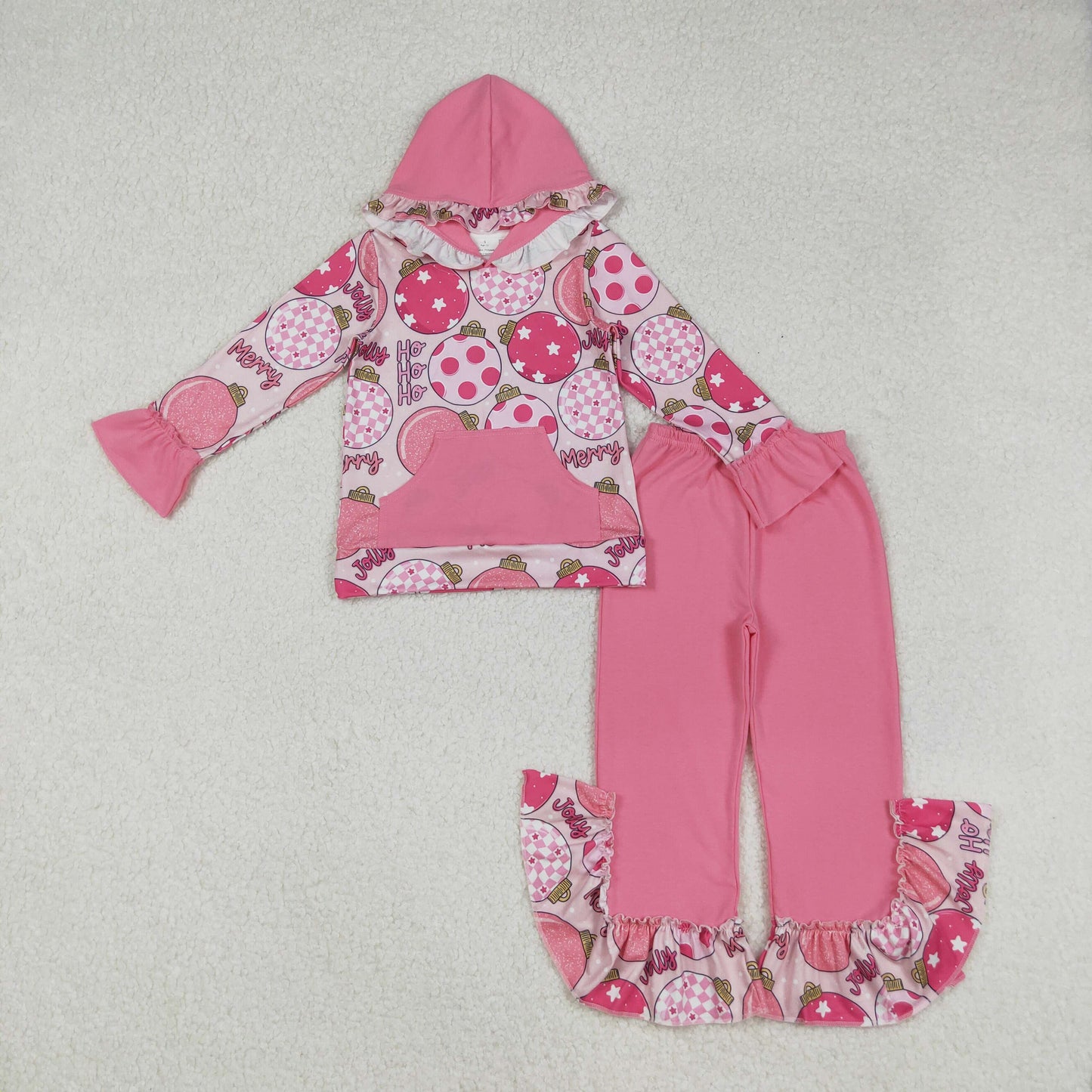RTS NO MOQ（In Stock) GLP2650 Jolly Christmas Ball Lace Pocket Pink Hooded Long-Sleeved Pants Set GLD1062
