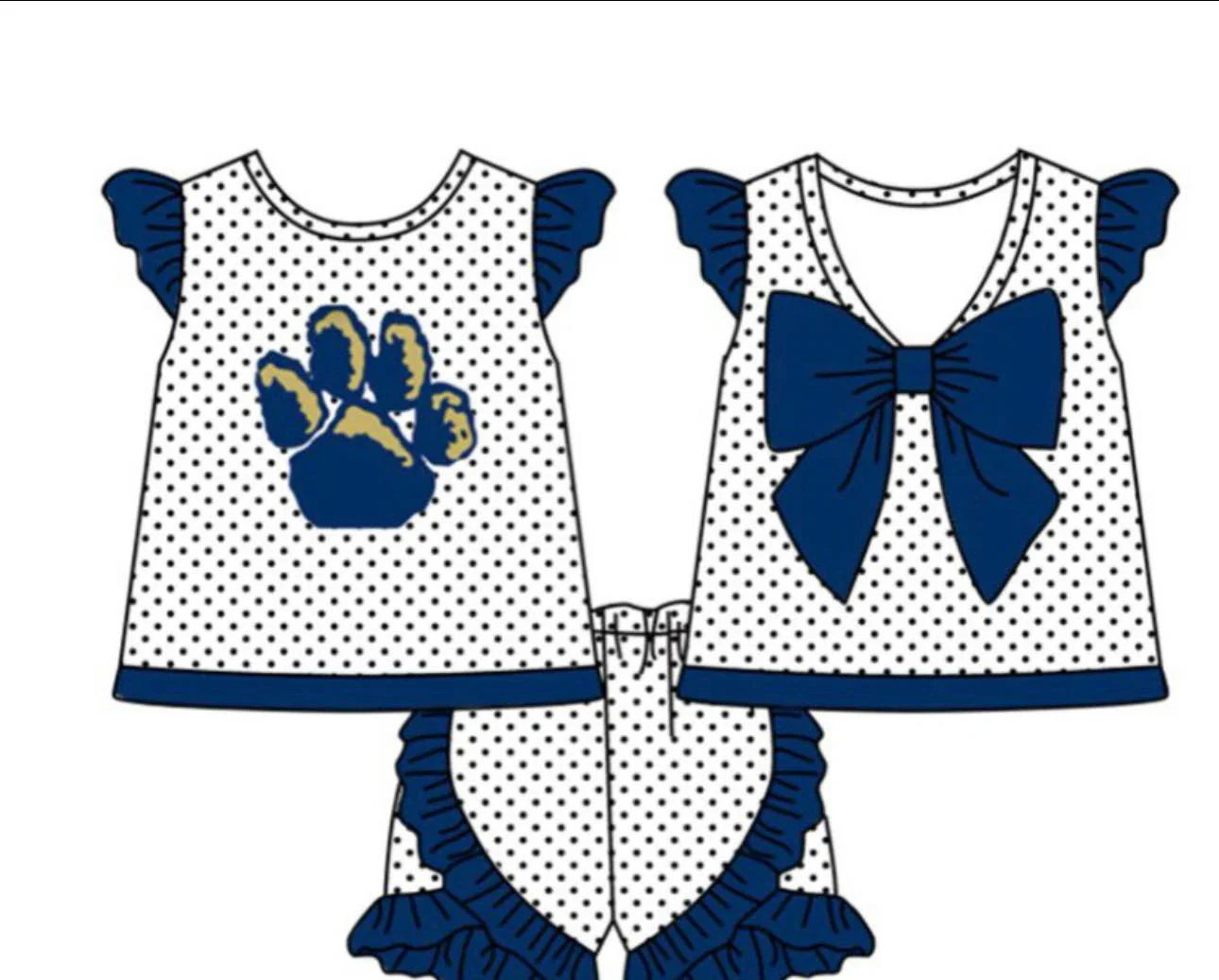 Deadline July 6 custom no moq  eta 6-7weeks Navy blue claw dot bow short sleeve shorts set