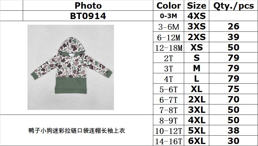 RTS NO MOQ ETA 5/7days Arrived BT0914 Duck puppy camouflage zipper pocket hooded long sleeve top