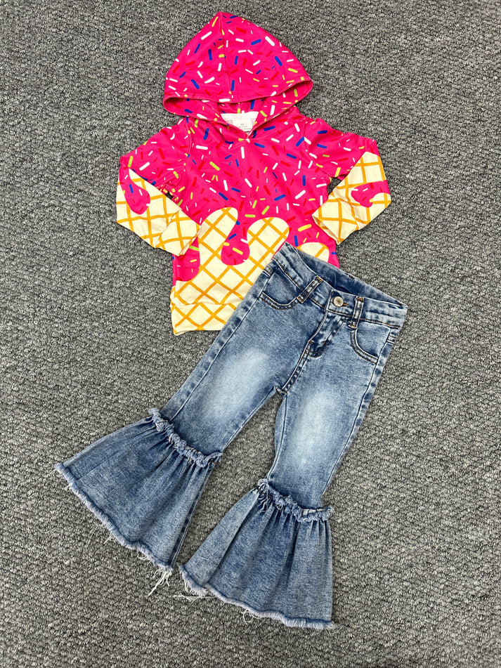 RTS NO MOQ Baby Girls Hot Pink Hoodie Top And Denim Bell Bottom Pants Set Casual Outfit Team Set for Infants