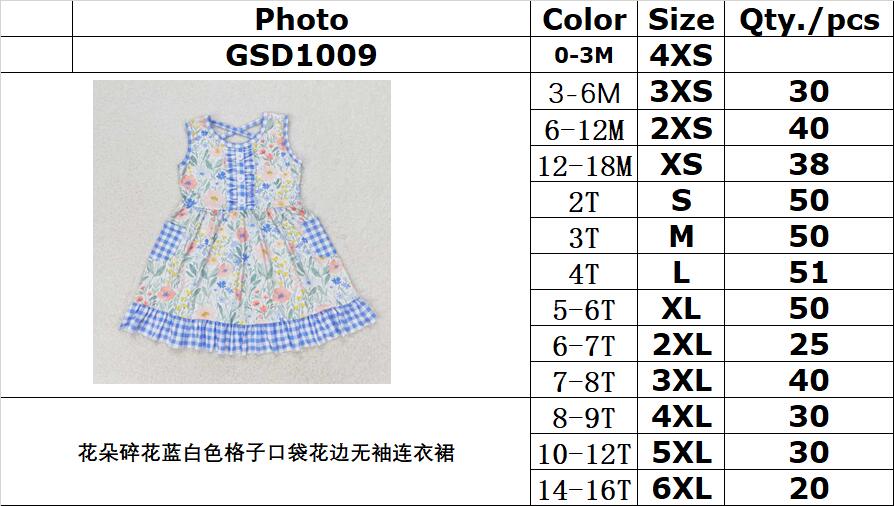 RTS no moq GSD1009 Floral floral blue and white plaid pocket lace sleeveless dress