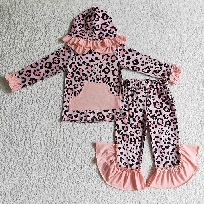 RTS NO MOQ  Baby Girls Lace Leopard Pocket Hooded Pullover Long Sleeve Pants Set