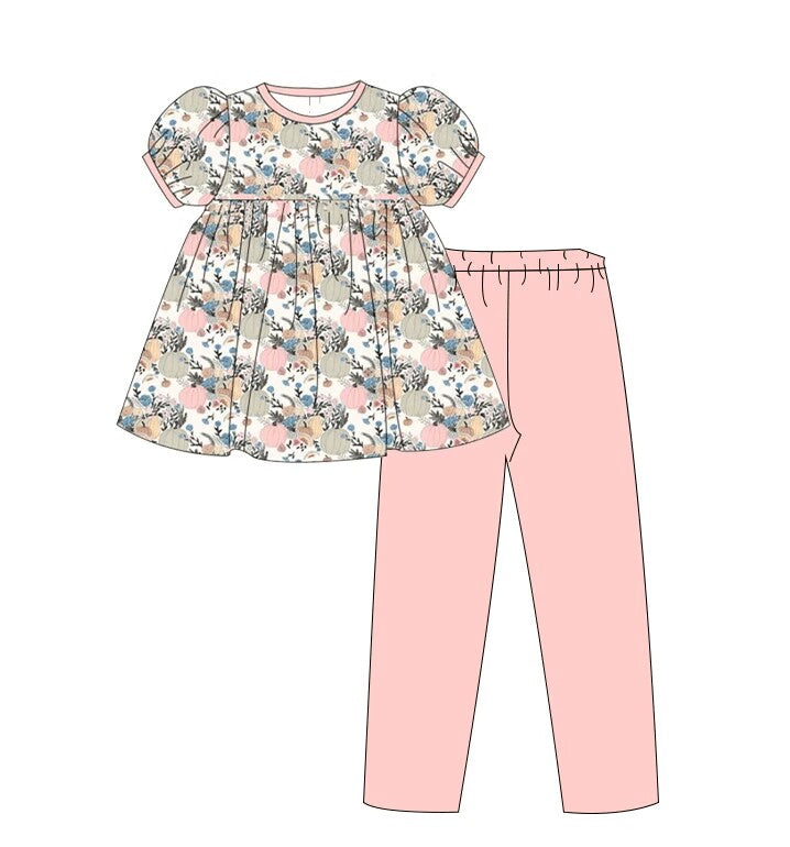 custom moq 5 eta 5-6weeks baby girls clothes halloween floral pink short Sleeve Long Pants Set