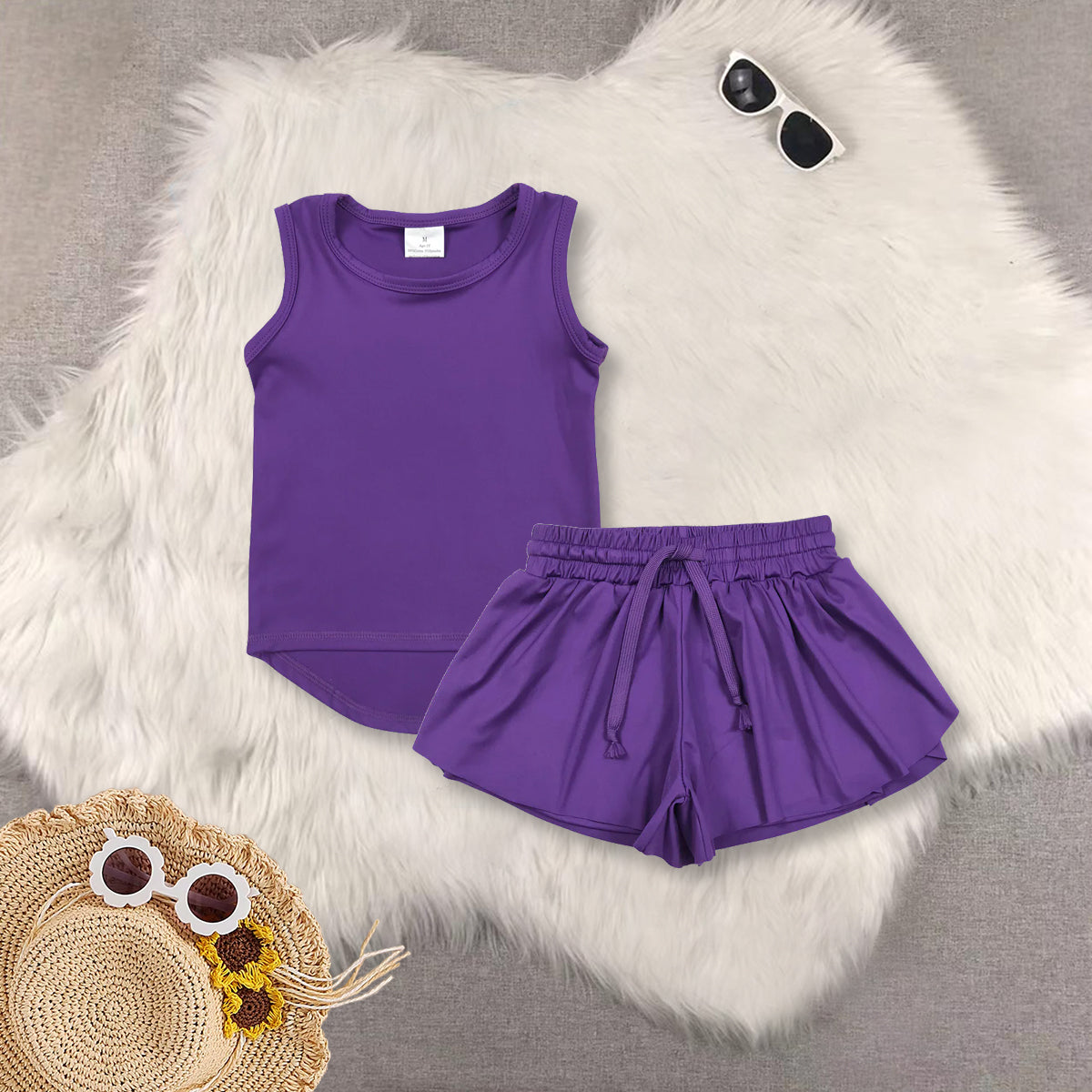 RTS NO MOQ Sibling baby girls clothes yoga Pure purple sleeveless short sets and Top and shorts