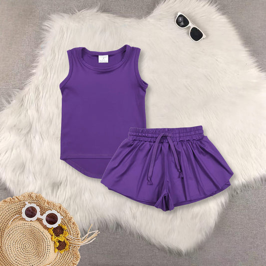 RTS NO MOQ Sibling baby girls clothes yoga Pure purple sleeveless short sets and Top and shorts