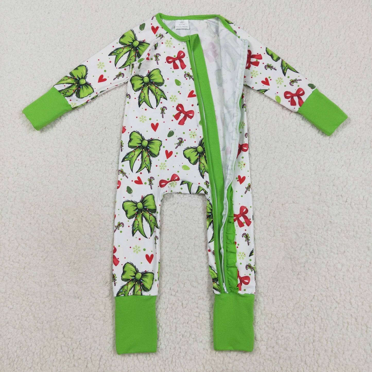 RTS NO MOQ（In Stock) LR2482 White long-sleeved zip-up bodysuit with red and green Christmas heart and bow pattern