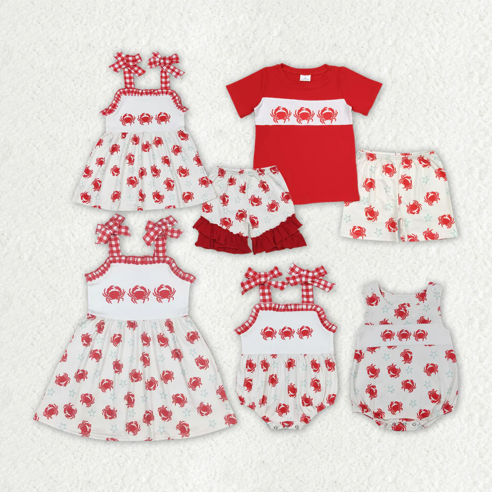 Baby Girls Boys Crabs Sibling Ruffle Shorts Rompers Clothes Sets