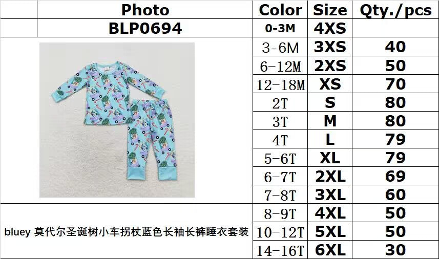 bamboo rts no moq BLP0694 bluey modal Christmas tree car cane blue long-sleeved trousers pajamas set