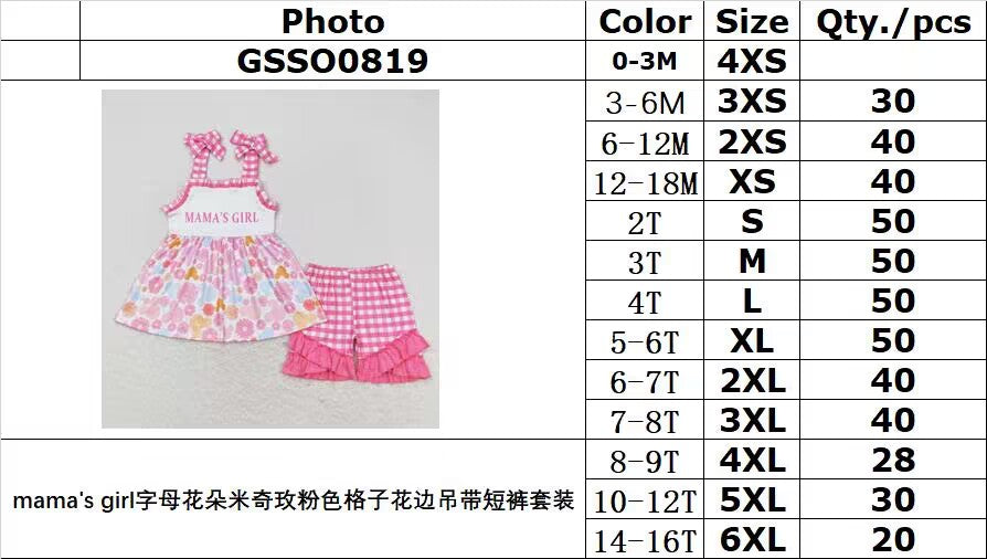 GSSO0819 mama's girl letter flower Mickey rose pink plaid lace suspender shorts suit