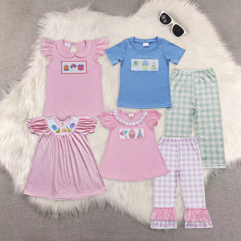 RTS NO MOQ  Gift Box-Birthday Hat-Cake Pattern Short Sleeve Suit & Dress & Top