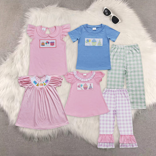 RTS NO MOQ  Gift Box-Birthday Hat-Cake Pattern Short Sleeve Suit & Dress & Top