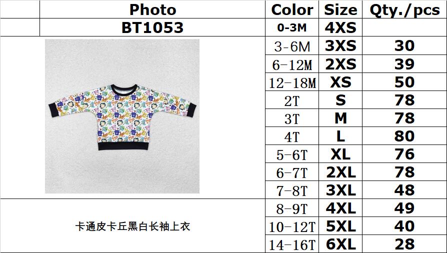 RTS NO MOQ ETA 5/7days arrived BT1053 Cartoon Pikachu black and white long-sleeved top