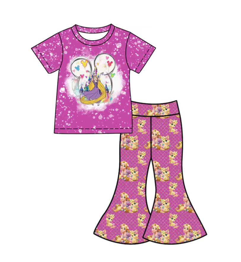 Custom moq 5 mix size milk silk baby girl clothes cartoon purple short sleeve pants sets