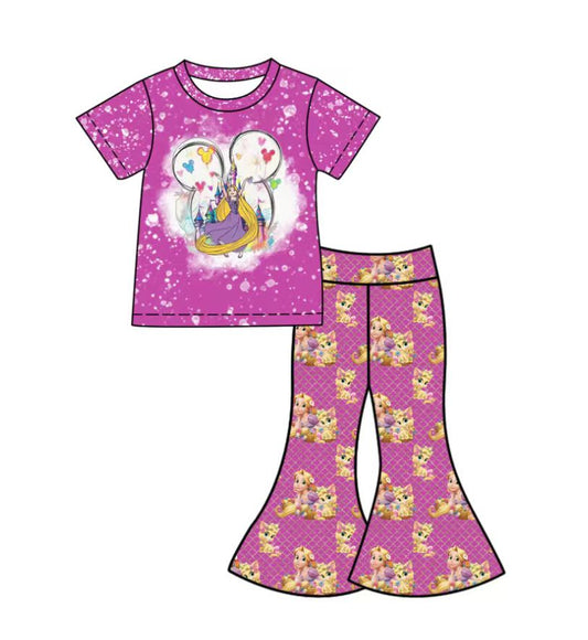 Custom moq 5 mix size milk silk baby girl clothes cartoon purple short sleeve pants sets