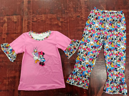 custom moq 5 eta 5weeks mix size Girls pink mickey short sleeve pants Suit