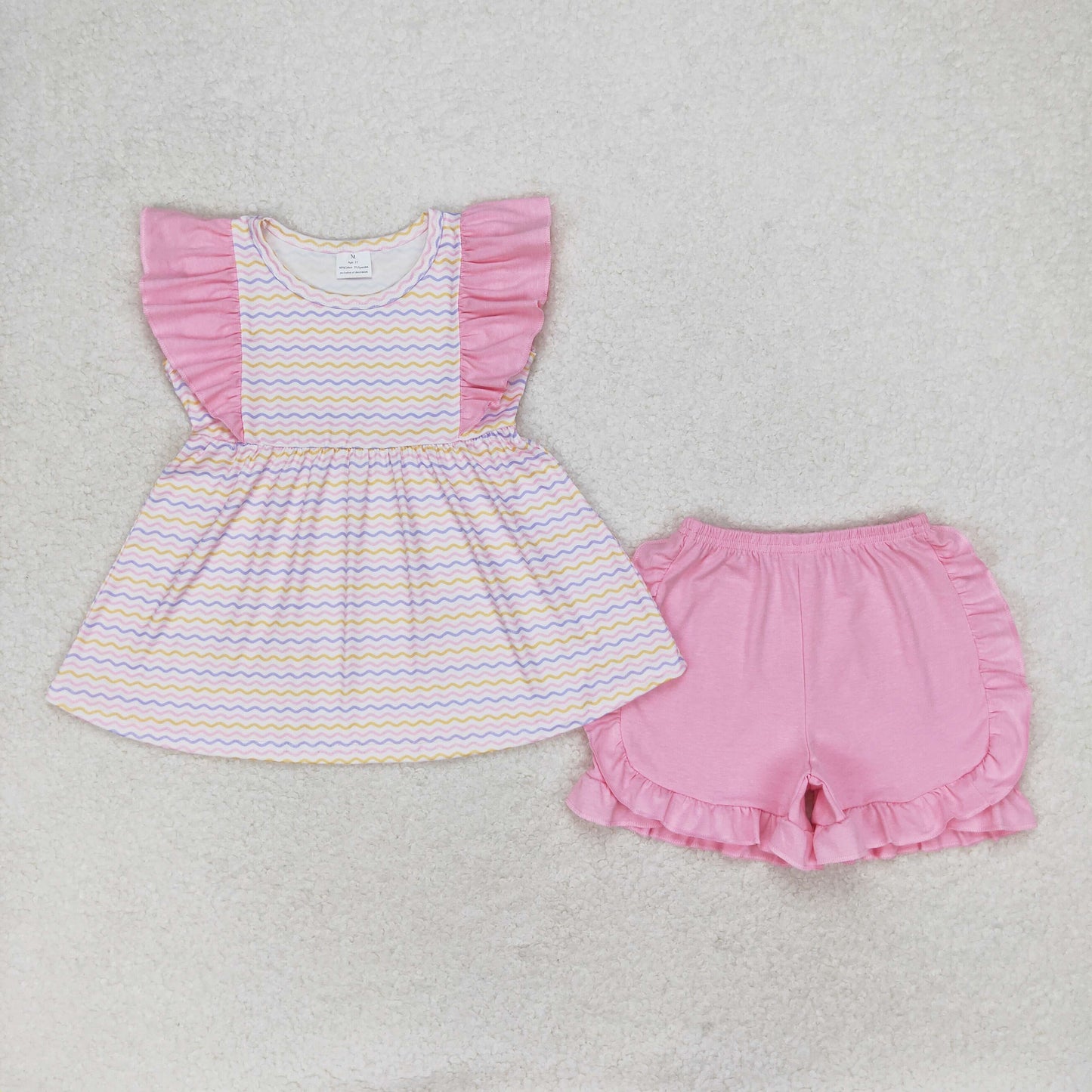 rts no moq GSSO0976 Blue and yellow wavy line striped pink lace sleeveless shorts suit