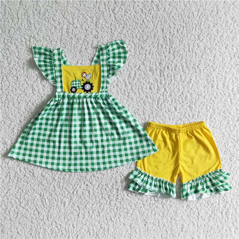 GSSO0056 Girls green plaid embroidery car chick flying sleeves yellow lace shorts suit