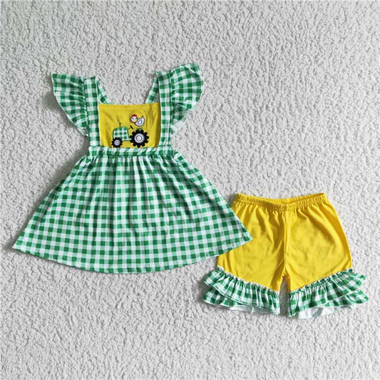 GSSO0056 Girls green plaid embroidery car chick flying sleeves yellow lace shorts suit