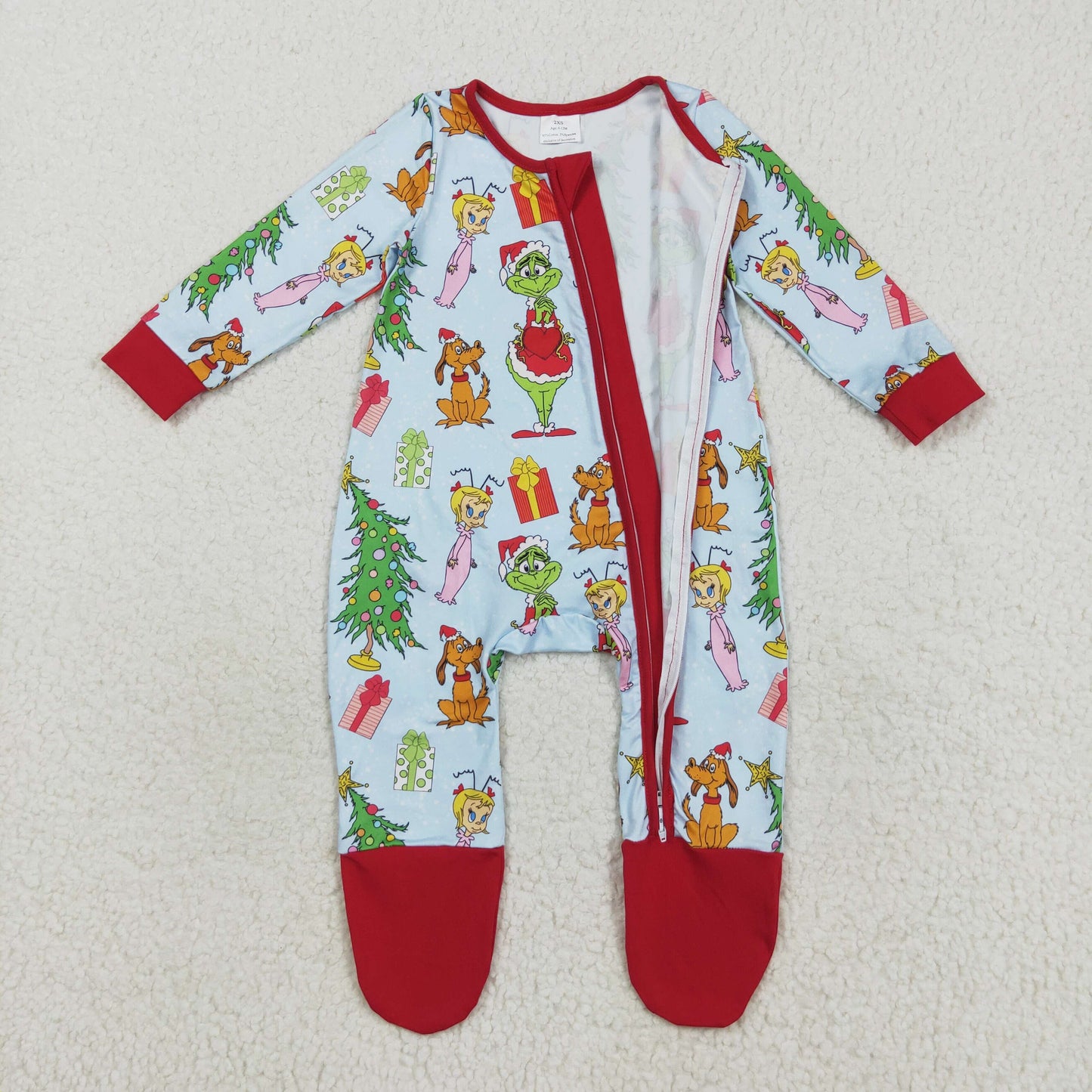 RTS NO MOQ（In Stock) LR2478 boy puppy Christmas tree blue zipper long sleeve jumpsuit