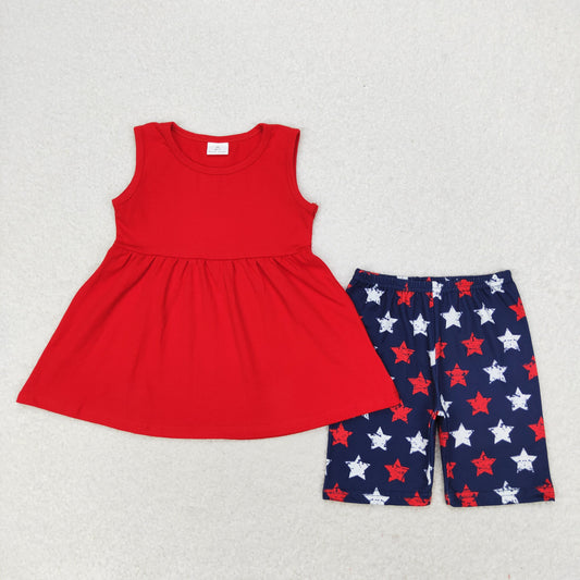 RTS NO MOQ GSSO1302 Solid red sleeveless star navy blue shorts set