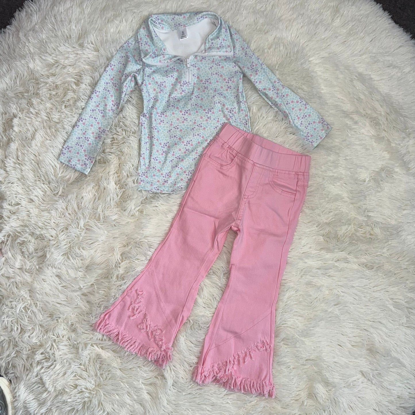 RTS NO MOQ（In Stock) GT1182+P0463 yoga floral zipper long sleeve top Pink tassel elastic waist denim pants sets
