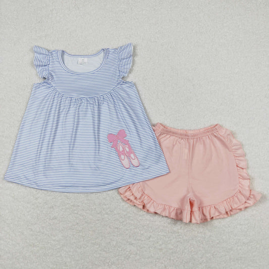 GSSO0582 Embroidered bow ballet shoes blue striped flying sleeves pink shorts suit