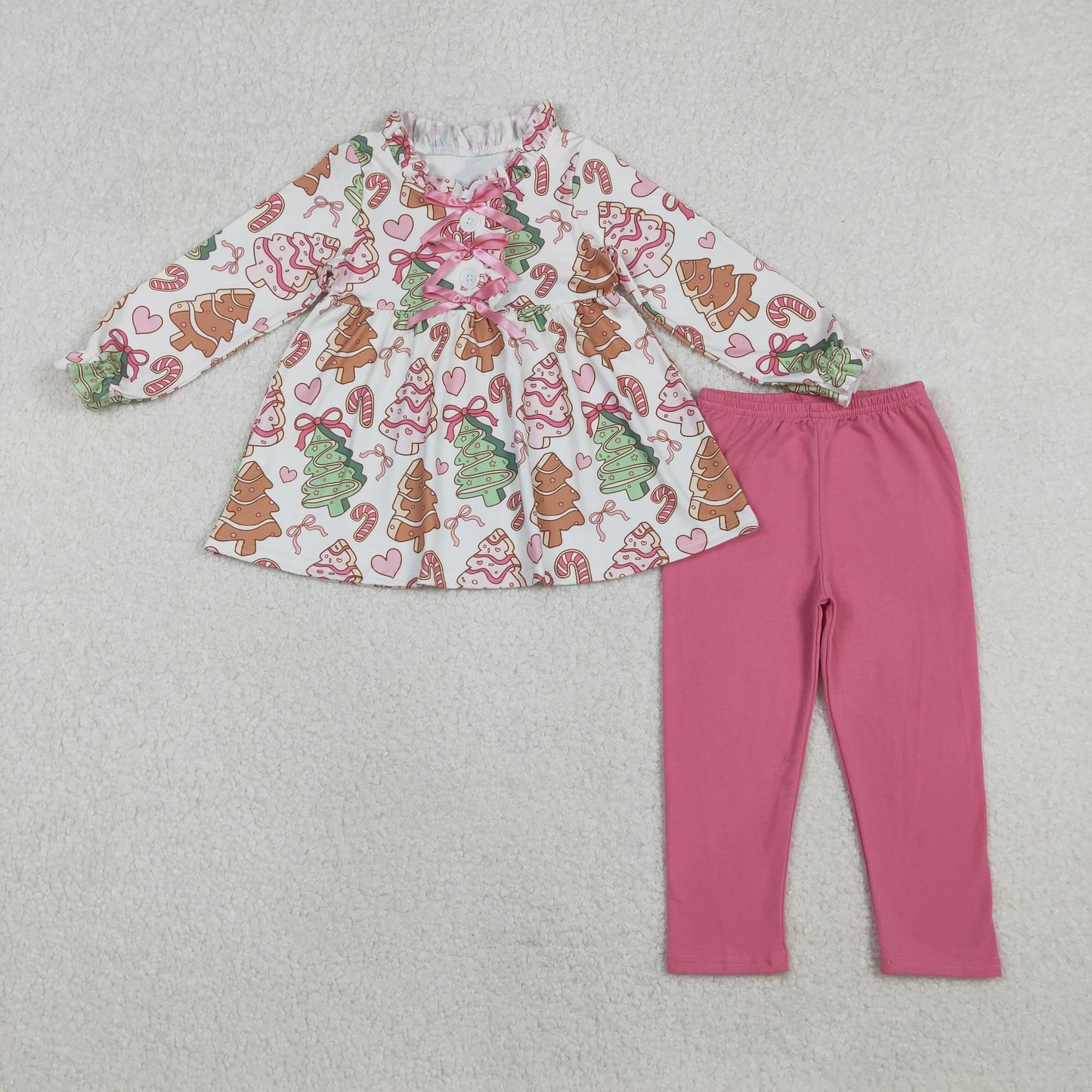 12/18m-7/8t RTS NO MOQ（In Stock) GLP2629 White and Pink Long-Sleeved Pants Set with Christmas Tree Heart Cane Bow