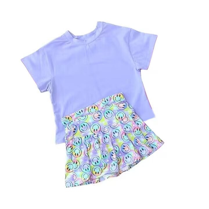 custom moq 5 eta 6-7weeks baby girls clothes blue short-sleeved smiley shorts suit