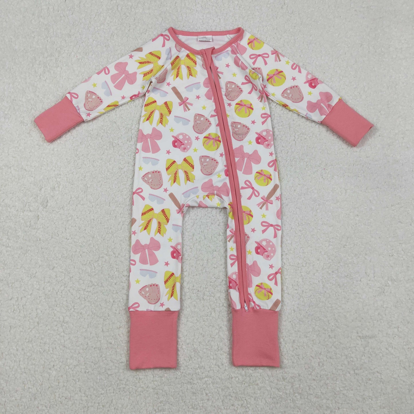 RTS NO MOQ（In Stock) LR2705 Softball Bow Printed Long-Sleeved Zippered Bodysuit in Pink and White