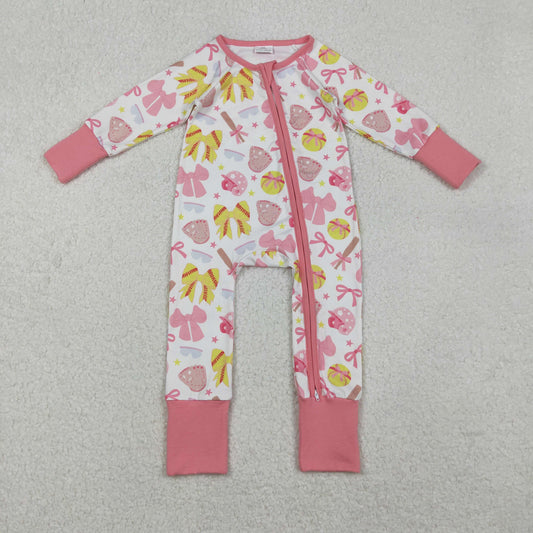 RTS NO MOQ（In Stock) LR2705 Softball Bow Printed Long-Sleeved Zippered Bodysuit in Pink and White