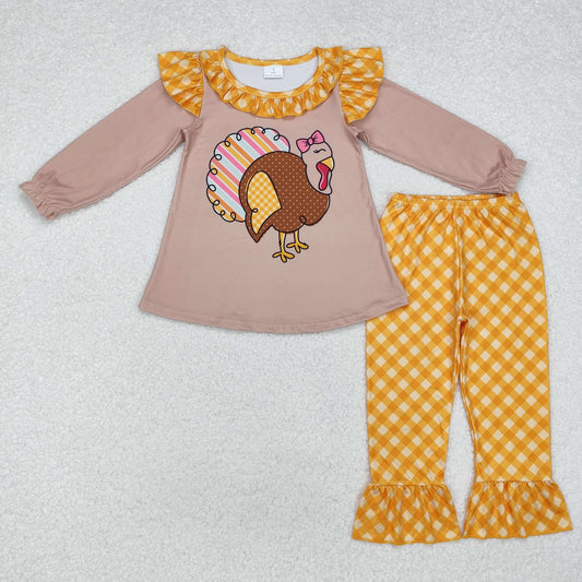 RTS NO MOQ ETA 5/7days Arrived GLP1410 Colorful striped turkey orange plaid brown long sleeve trousers set