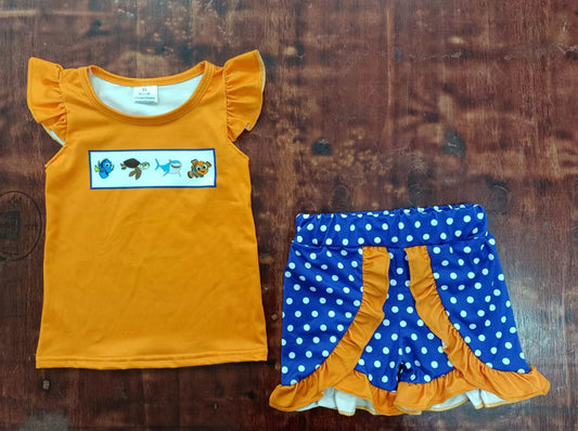 custom moq 5 eta 4-6weeks summer baby girls clothes orange flying sleeve shorts sets