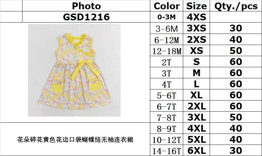 RTS no moq GSD1216 Flower floral yellow lace pocket bow sleeveless dress