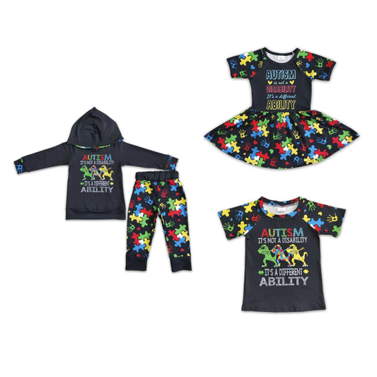 RTS NO MOQ 6 B11-5 E3-20  D3-11 Colorful puzzle pieces black hooded long-sleeved suit & short-sleeved dress & short-sleeved T-shirt