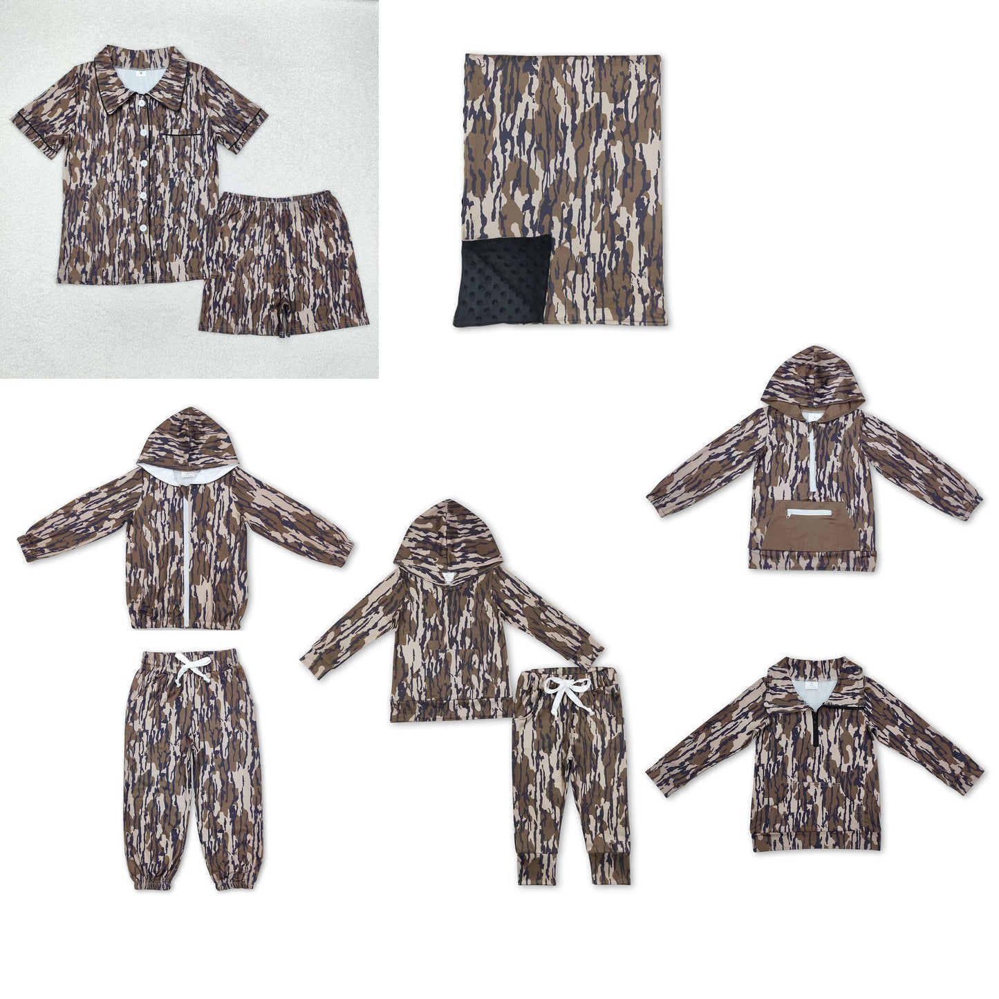 RTS NO MOQ Camouflage long-sleeved zip-up top and romper & short-sleeved long pants set & baby blanket