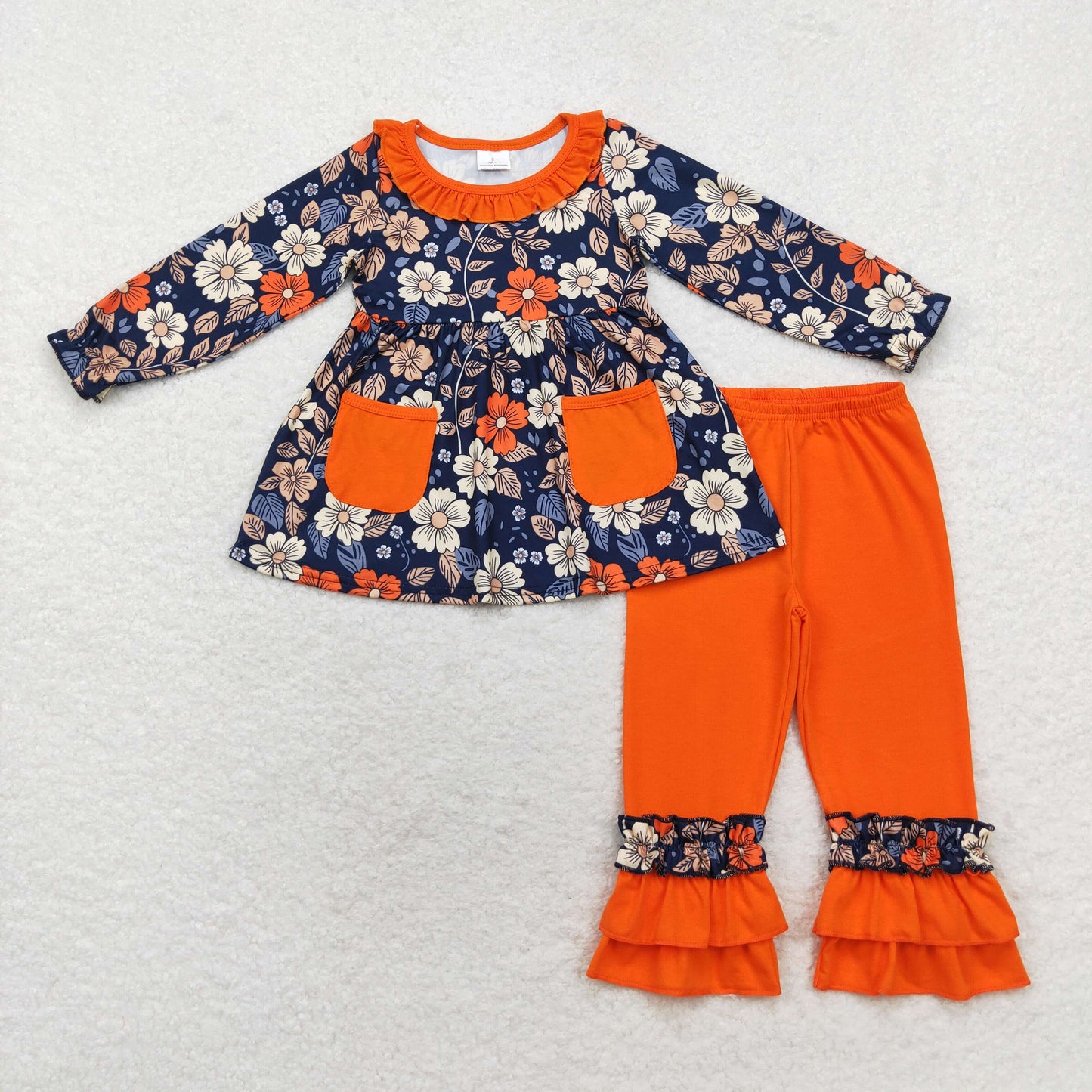 rts no moq GT0691+P0580 Flower orange lace pocket navy blue long-sleeved top pants sets