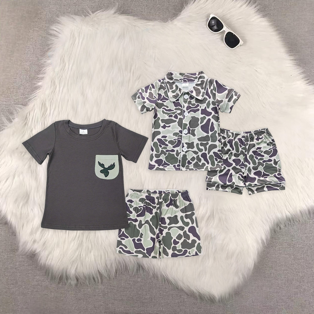 RTS NO MOQ boys Elk camouflage pocket brown short sleeve shorts set