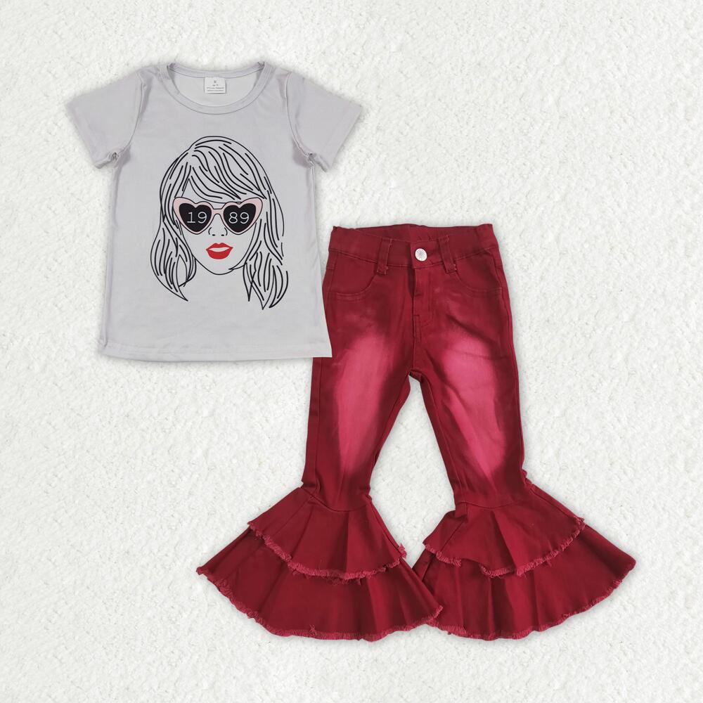 GT0434 1989 taylor swift gray short-sleeved top +P0004 Red double lace denim jeans