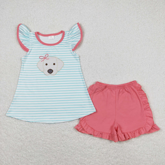 GSSO0555 Embroidered puppy blue striped flying sleeve pink shorts suit