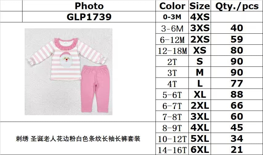 RTS NO MOQ ETA 5/7days GLP1739 Embroidered Santa Claus lace pink and white striped long sleeve trousers suit