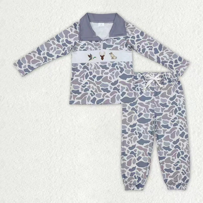RTS NO MOQ Sibling Baby boy clothes embroidery camouflage long-sleeved trousers suits