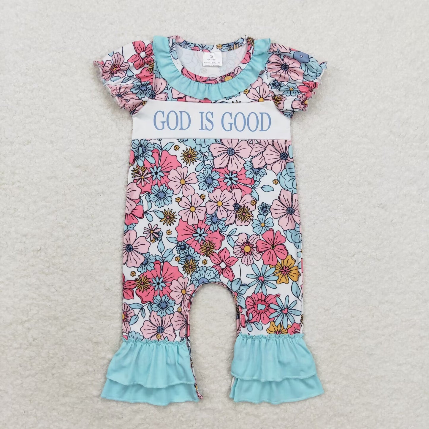 RTS NO MOQ（In Stock) God is good flower blue-green lace beige short-sleeved jumpsuit